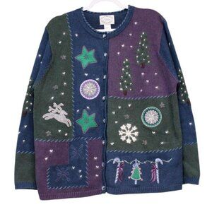 Vintage 90s Holiday Cardigan Sweater Large Ramie Colorblock Embroidered Winter